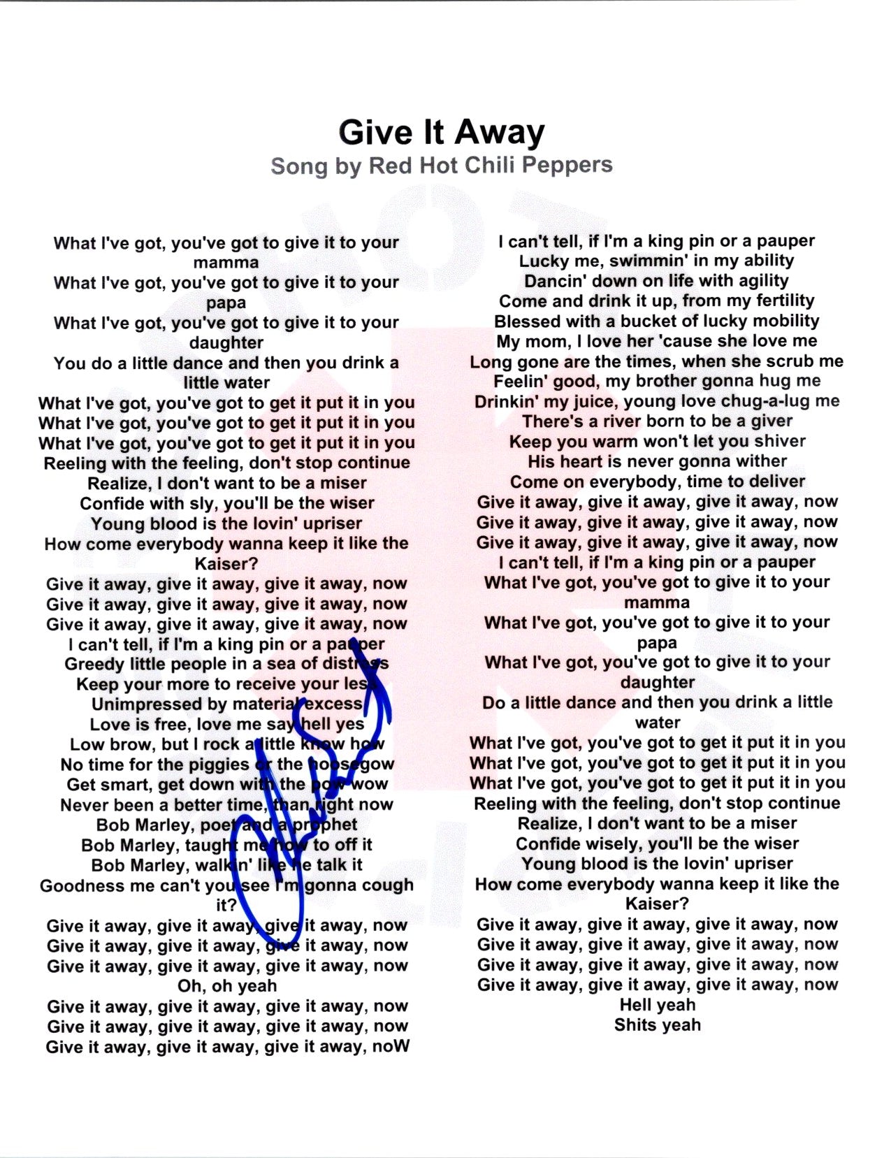 Chad Smith Signed Autographed Red Hot Chili Peppers Give It Away Way 8.5x11 Lyrics By The Way with Exact Photo Proof