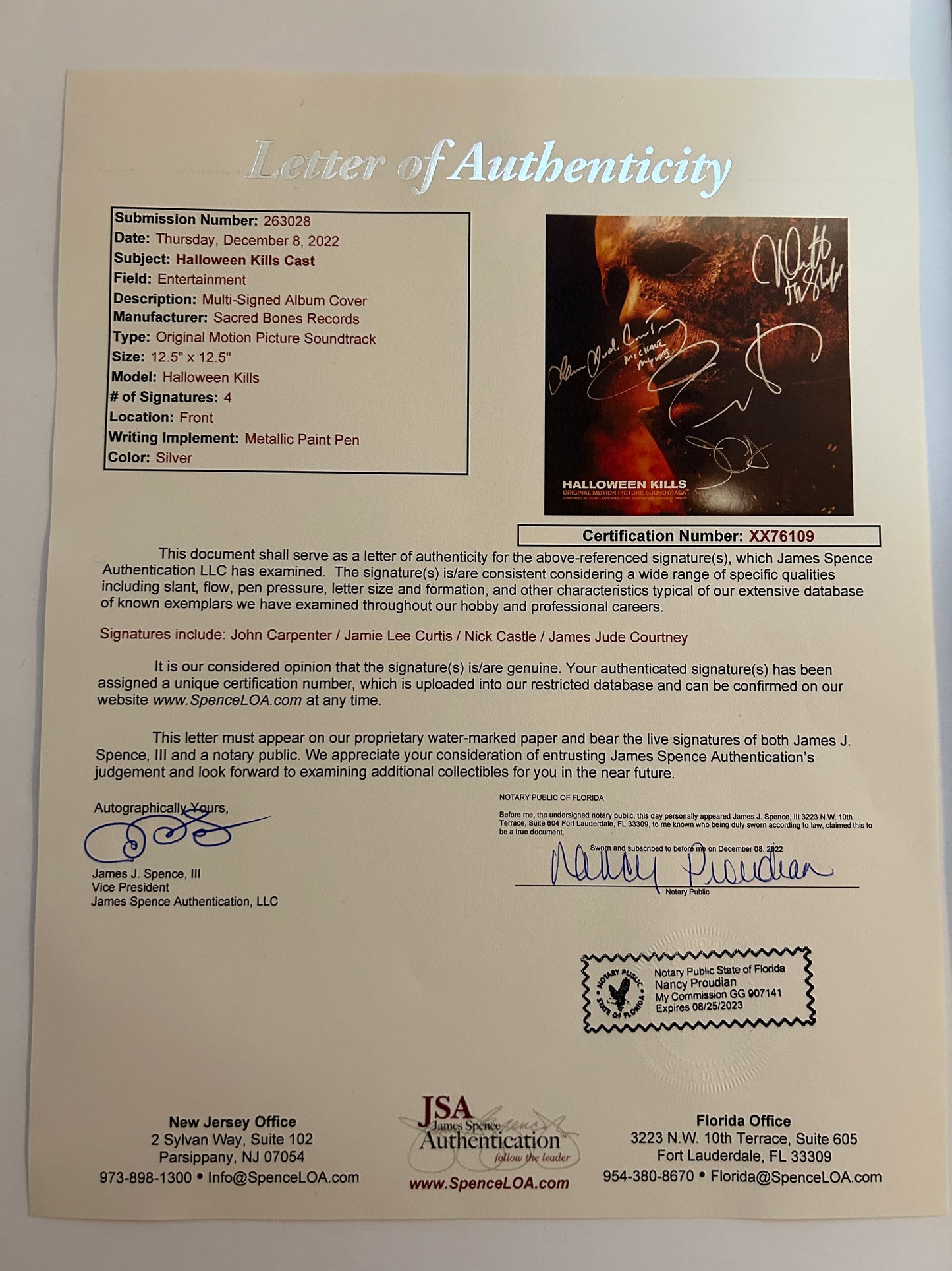 Jamie Lee Curtis, John Carpenter, Nick Castle, James Jude Courtney Signed Autographed Halloween Kills Vinyl with JSA COA