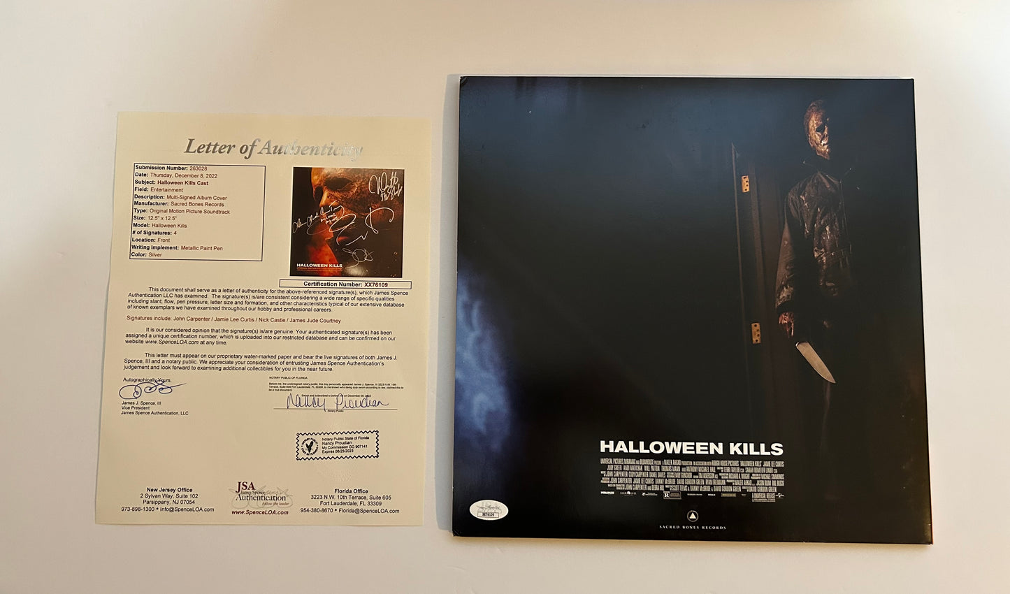 Jamie Lee Curtis, John Carpenter, Nick Castle, James Jude Courtney Signed Autographed Halloween Kills Vinyl with JSA COA