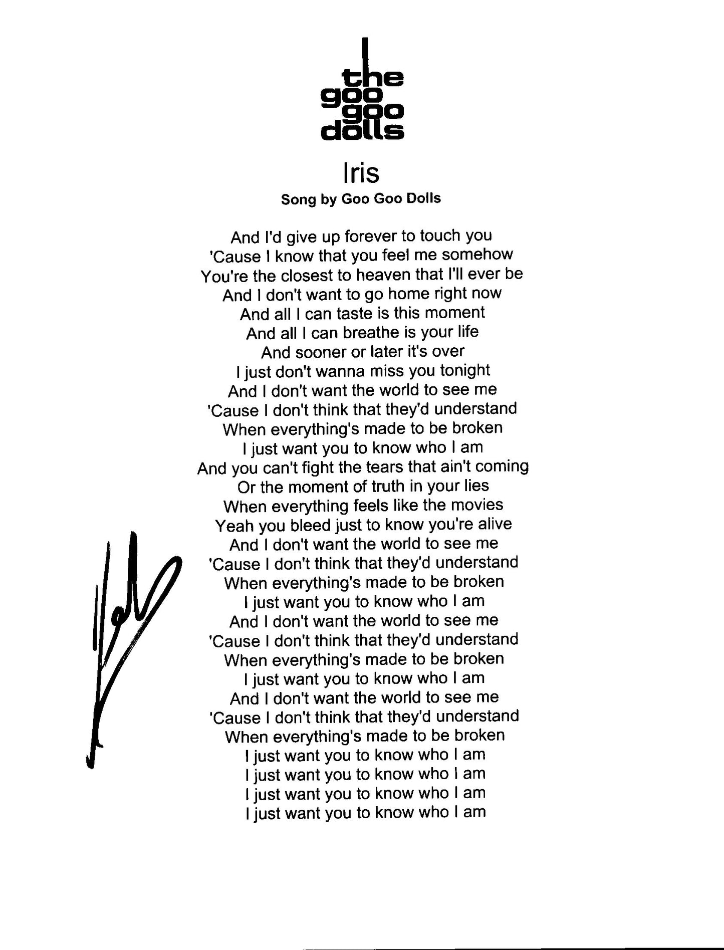 John Rzeznik Signed Autographed 8.5x11 Goo Goo Dolls Iris Lyric Sheet with Exact Photo Proof