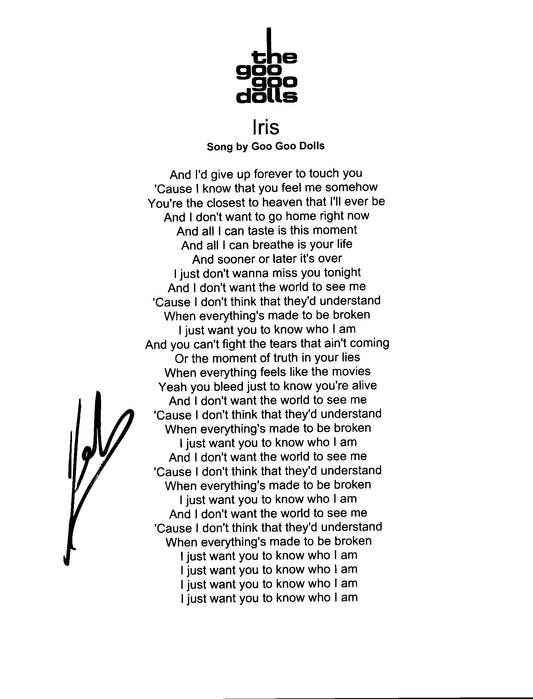 John Rzeznik Signed Autographed 8.5x11 Goo Goo Dolls Iris Lyric Sheet with Exact Photo Proof