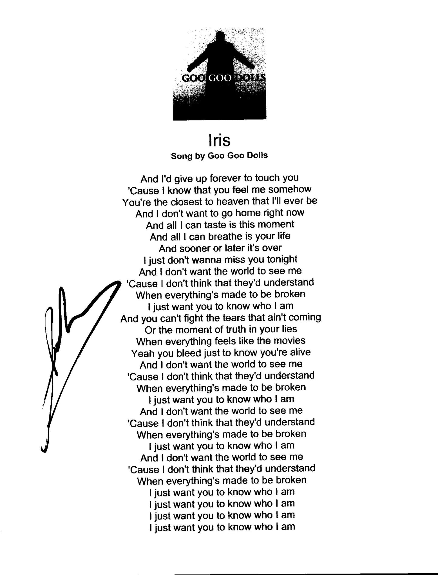 John Rzeznik Signed Autographed 8.5x11 Goo Goo Dolls Iris Lyric Sheet with Exact Photo Proof