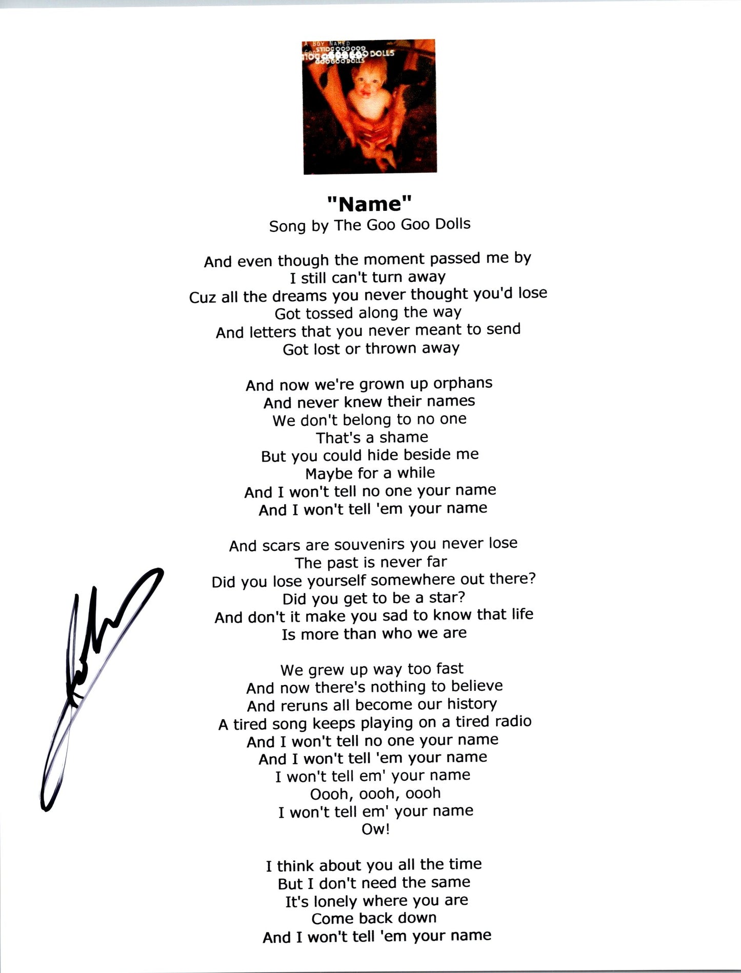 John Rzeznik Signed Autographed 8.5x11 Goo Goo Dolls Name Lyric Sheet with Exact Photo Proof