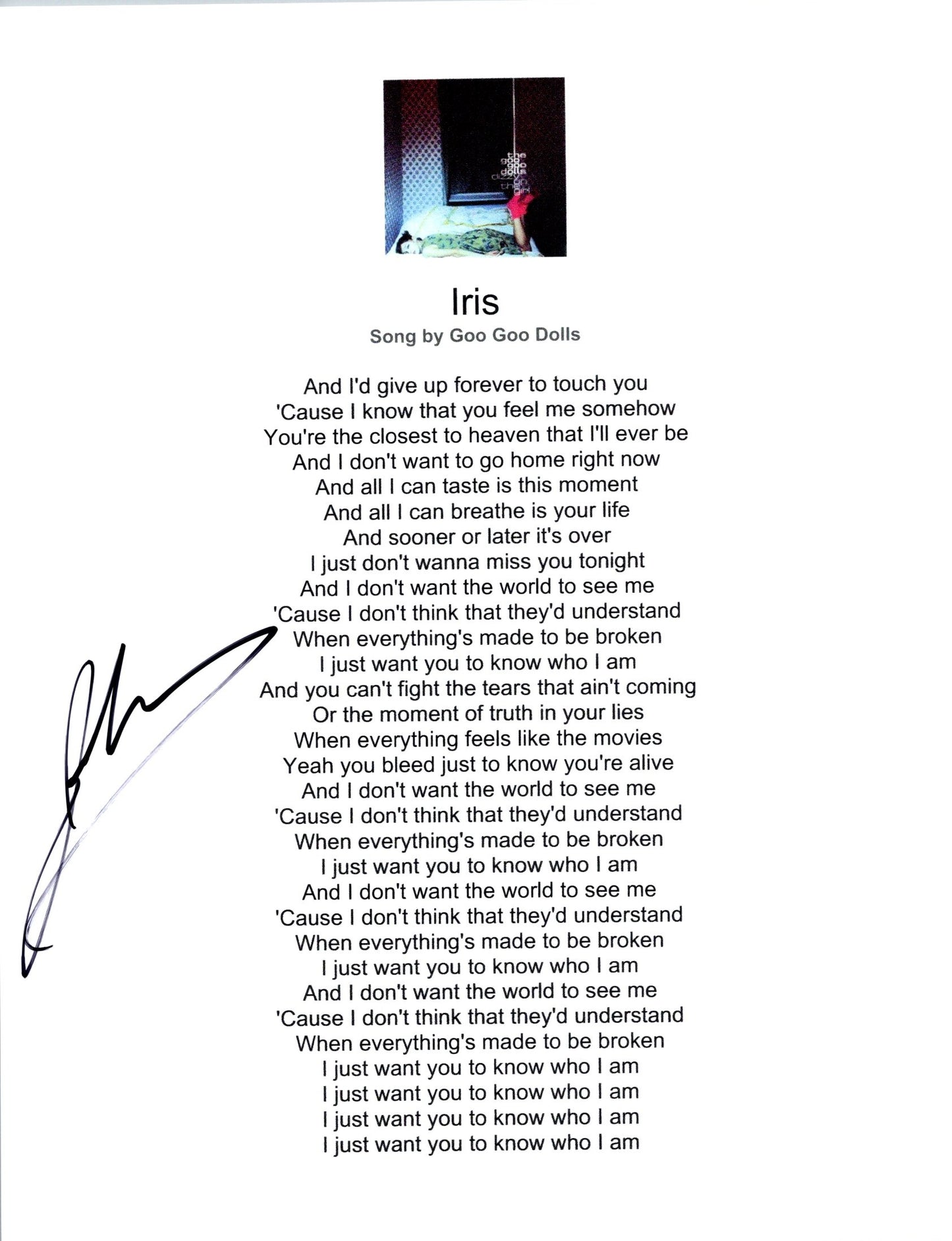 John Rzeznik Signed Autographed 8.5x11 Goo Goo Dolls Iris Lyric Sheet with Exact Photo Proof