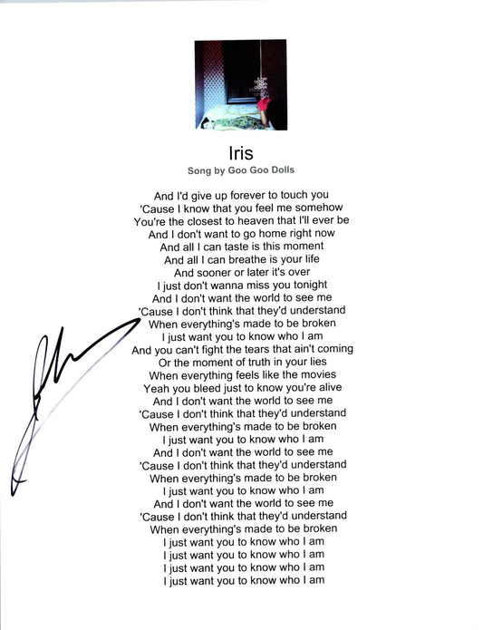 John Rzeznik Signed Autographed 8.5x11 Goo Goo Dolls Iris Lyric Sheet with Exact Photo Proof