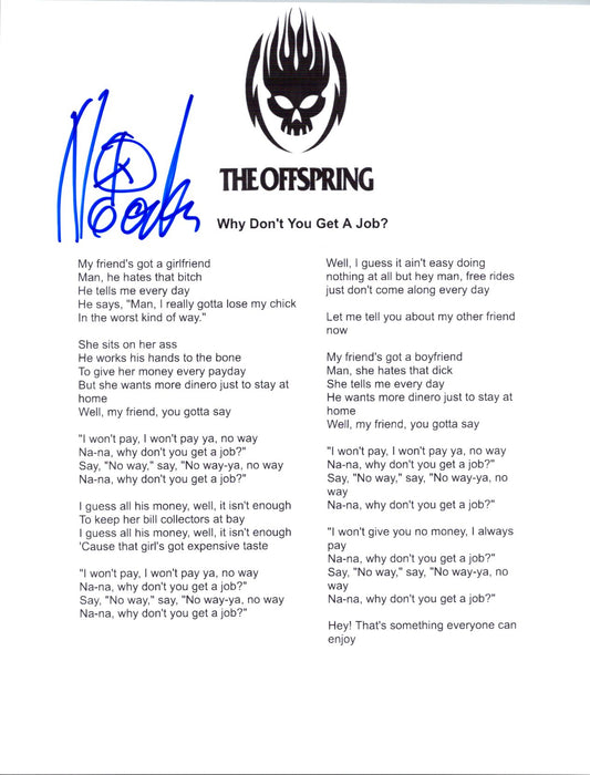 Noodles From The Offspring Signed Autographed 8.5x11 Lyric Sheet with Exact Photo Proof